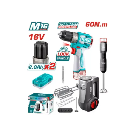 Կոմբո հավաքածու մարտկոցային. պտուտակադարձիչ, հարիչ, բլենդեր (2 մարտկոցով, լիցքավորիչով) TOTAL TCKLI1638 Կոմբո հավաքածու մարտկոցային. պտուտակադարձիչ, հարիչ, բլենդեր (2 մարտկոցով, լիցքավորիչով) TOTAL TCKLI1638