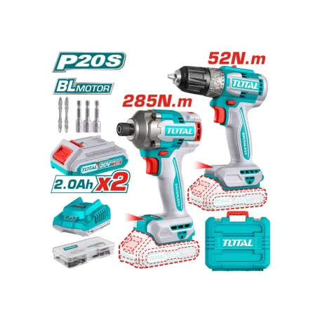 Կոմբո հավաքածու մարտկոցային․ պտուտակադարձիչ (TDLI204531), հարվածային գայկավյորտ (TIRLI2028) 2 մարտկոցով և լիցքավորիչով TOTAL TCKLI20272