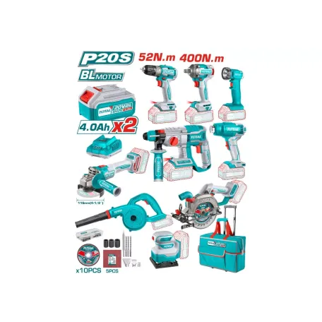 Մարտկոցային գործիքների կոմբո հավաքածու 20Վ (9 միավոր) TOTAL TCKLI2098