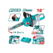 Շղթայավոր սղոց մարտկոցային 40Վ (2x20Վ) 400մմ (2 մարտկոցով, լիցքավորիչով) TOTAL TGSLI401682