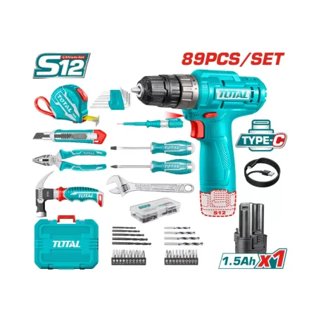Ձեռքի գործիքների հավաքածու մարտկոցային 12Վ պտուտակադարձիչով (89 միավոր) TOTAL THKTHP10892