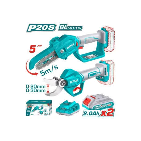 Այգեգործական մարտկոցային գործիքների հավաքածու․ էտի մկրատ (TSSLI20308), շղթայավոր սղոց (TGSLI2058) 2 մարտկոցով և լիցքավորիչով TOTAL TOSLI23012 Այգեգործական մարտկոցային գործիքների հավաքածու․ էտի մկրատ (TSSLI20308), շղթայավոր սղոց (TGSLI2058) 2 մարտկոցով և լիցքավորիչով TOTAL TOSLI23012