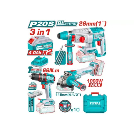 Մարտկոցային գործիքների հավաքածու TOTAL TOSLI241198 (3 կտոր)