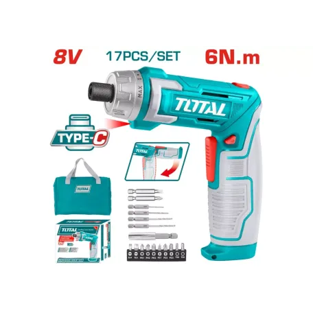 Պտուտակահան մարտկոցային (բիթերով) 8Վ 6Նմ TOTAL TSDLI0802